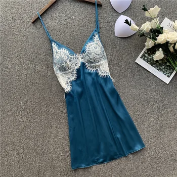 

Sexy Nightwear Satin Nightgown Sleepwear Lace Spaghetti Strap Nightdress Women Intimate Lingerie Perspective Bathrobe Homewear