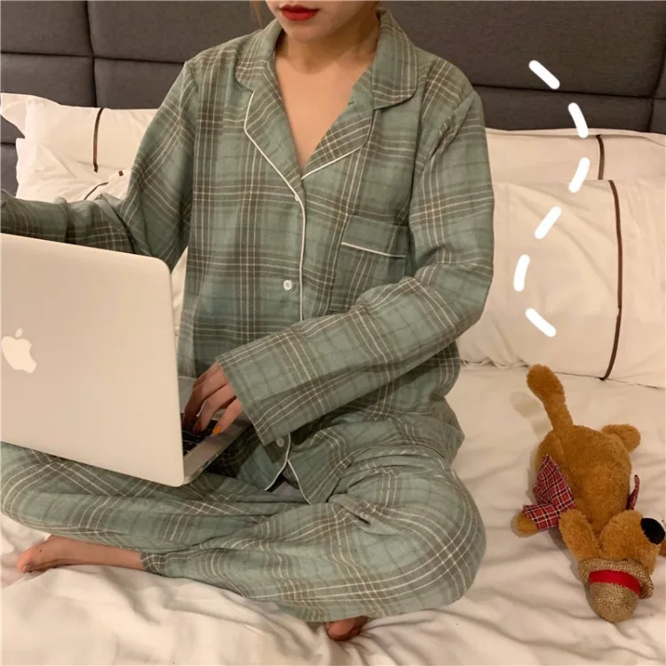 

Creation 101 spring and autumn pajamas women's comfortable and simple casual plaid pajamas home clothes