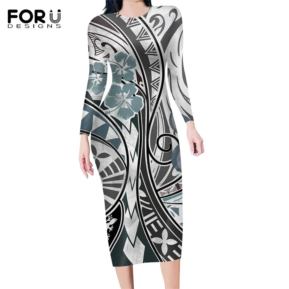 

FORUDESIGNS Brand Design Hawaiian Samoan Polynesian Tribe Print Office Ladies Long Sleeves Bodycon Round Neck Pencil Dresses
