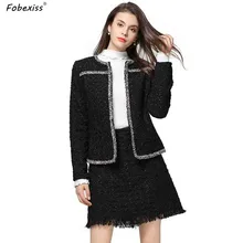 Черные Твидовые костюмы с юбкой, с кисточками, элегантные, с круглым вырезом, для офиса, леди, Блейзер, куртки, Мини Короткая юбка, наборы, Осень-зима, женские костюмы с юбкой
