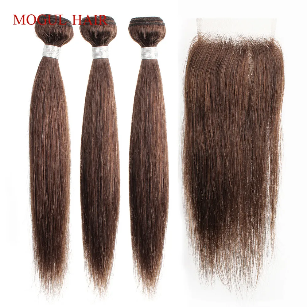 

MOGUL HAIR Color 4 Chocolate Brown Straight Hair Bundles with Closure Peruvian Straight Non Remy Human Hair Extension 10-24 inch