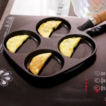 

Long Handle Flat Design Uncoated Cast Iron Non Stick Pancake Pot With Porosity Four Hole Home Kitchen Egg Mold Frying Pan