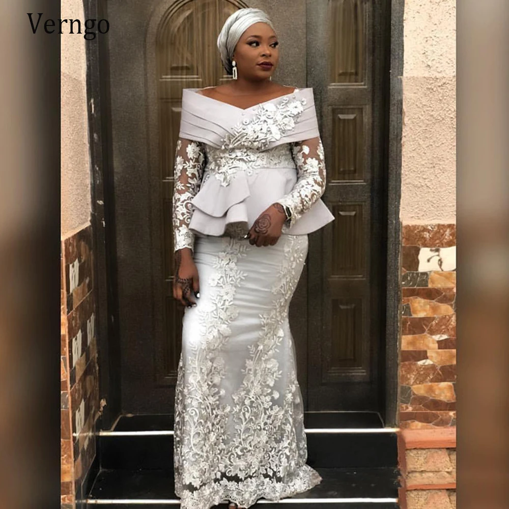 

Verngo South African Memaid Evening Dresses 2020 Long Sleeve Off Shoulder Lace Appliques Arabic Prom Gowns Formal Party Wear