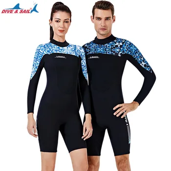 

DIVE&SAIL 3MM One Pieces Diving Equipment Bodysuit Long Sleeves Shorts Neoprene SCR Scuba Wetsuit Fleece Lining Dive Suit