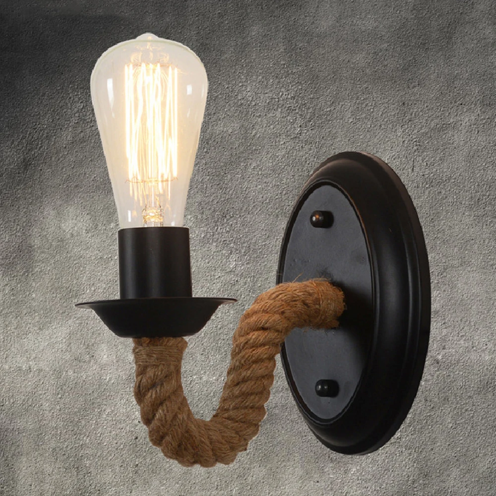 Винтажный настенный светильник из пеньковой веревки E27, Деревенское настенное бра, прикроватное бра из кованого железа для внутреннего освещения, ретро бра