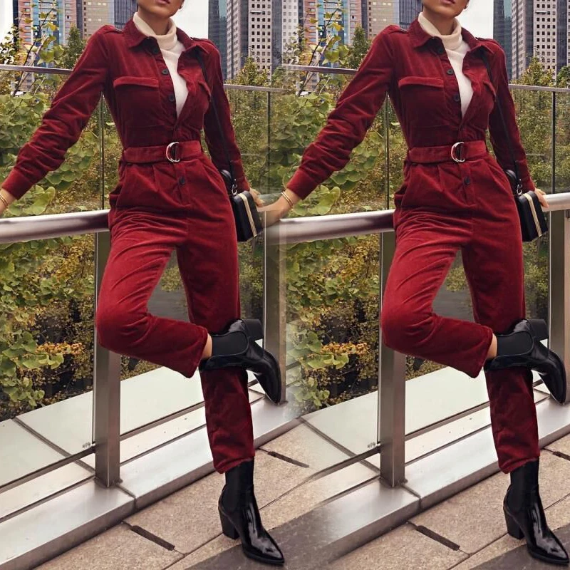 

Ladies Lapel Collar Long Sleeve Buttons Jumpsuit Solid Slim Fit Cocktail Romper