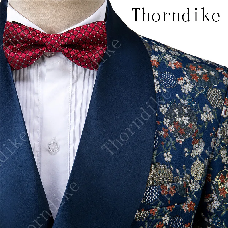 Thorndike Свадебный Мужской костюм Новое поступление вечерние платья двубортный темно-синий костюм Homme цветочный принт мужской костюм с брюками