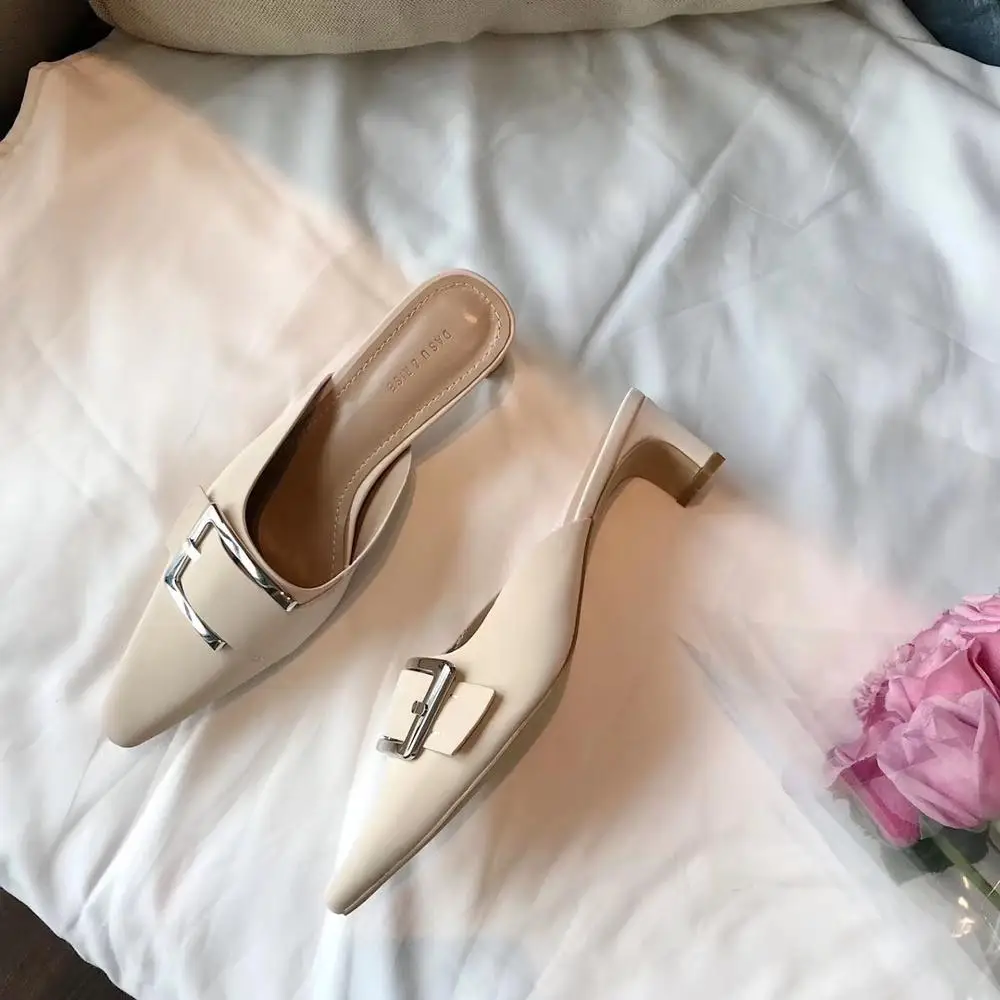 

Shoes Woman 2019 Shallow Pointed Toe Luxury Slides PU Med Slipper Designer Soft Hoof Heels Microfiber Rubber Sexy
