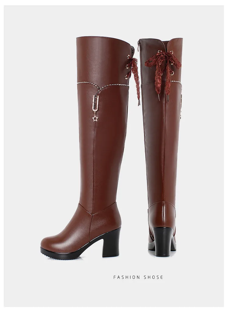 AIYUQI Womens Boots Thigh High Genuine Leather Rhinestone Platform High Heel Black Boots Women Winter Riding Boots