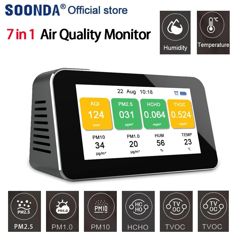 

7 in 1 Multifunctional Air Quality Detector Monitor PM2.5 PM1.0 PM10 HCHO TVOC Temperature and humidity Meter Tester