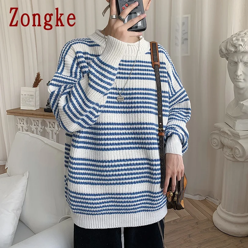 Zongke Свободный Полосатый Зимний свитер, Мужское пальто, пуловер и свитер для мужчин, зимние мужские свитера на осень, новая мужская одежда XXL