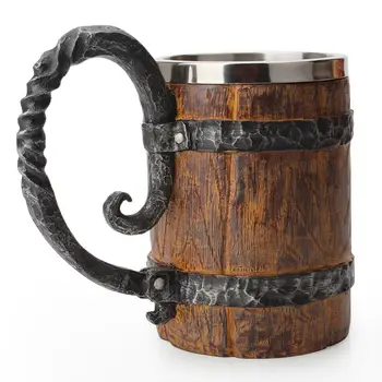 

500ml Viking Wood Style Beer Mug as Christmas Gift Simulation Wooden Barrel Beer Cup Double Wall Drinking Mug Metal Insulated