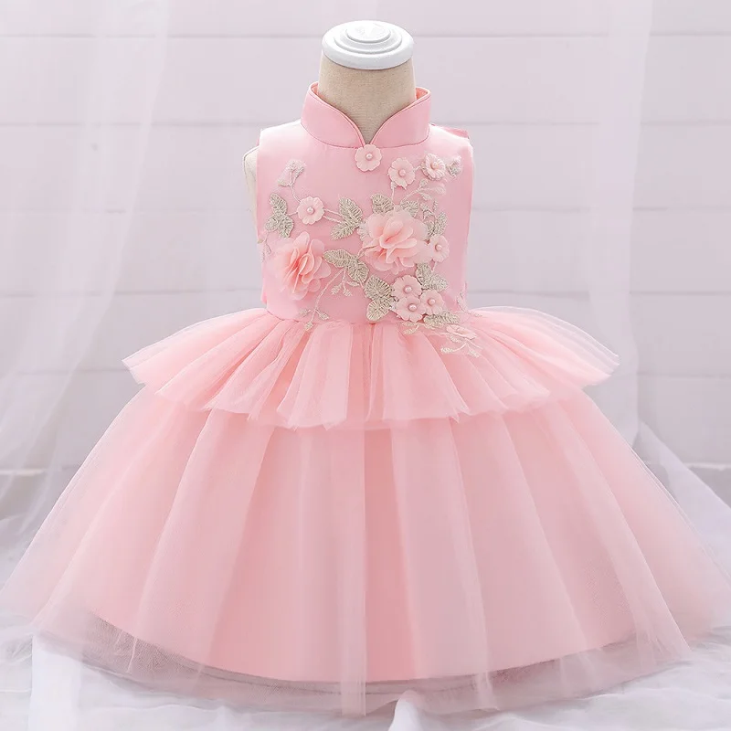 Летнее платье для маленьких девочек; белое платье для крещения с аппликацией для девочек; одежда для малышей для первого дня рождения, свадьбы - Цвет: Pink