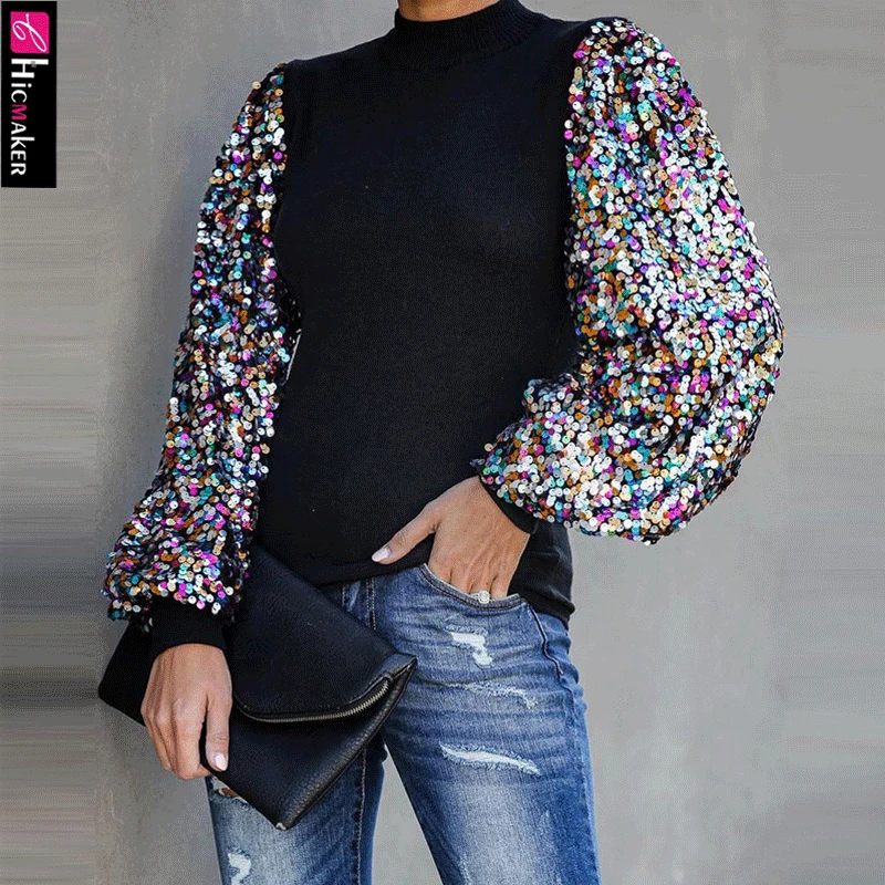 Download Mock Neck Lantern Sleeve Sequins Colorblock Insert Blouse ...
