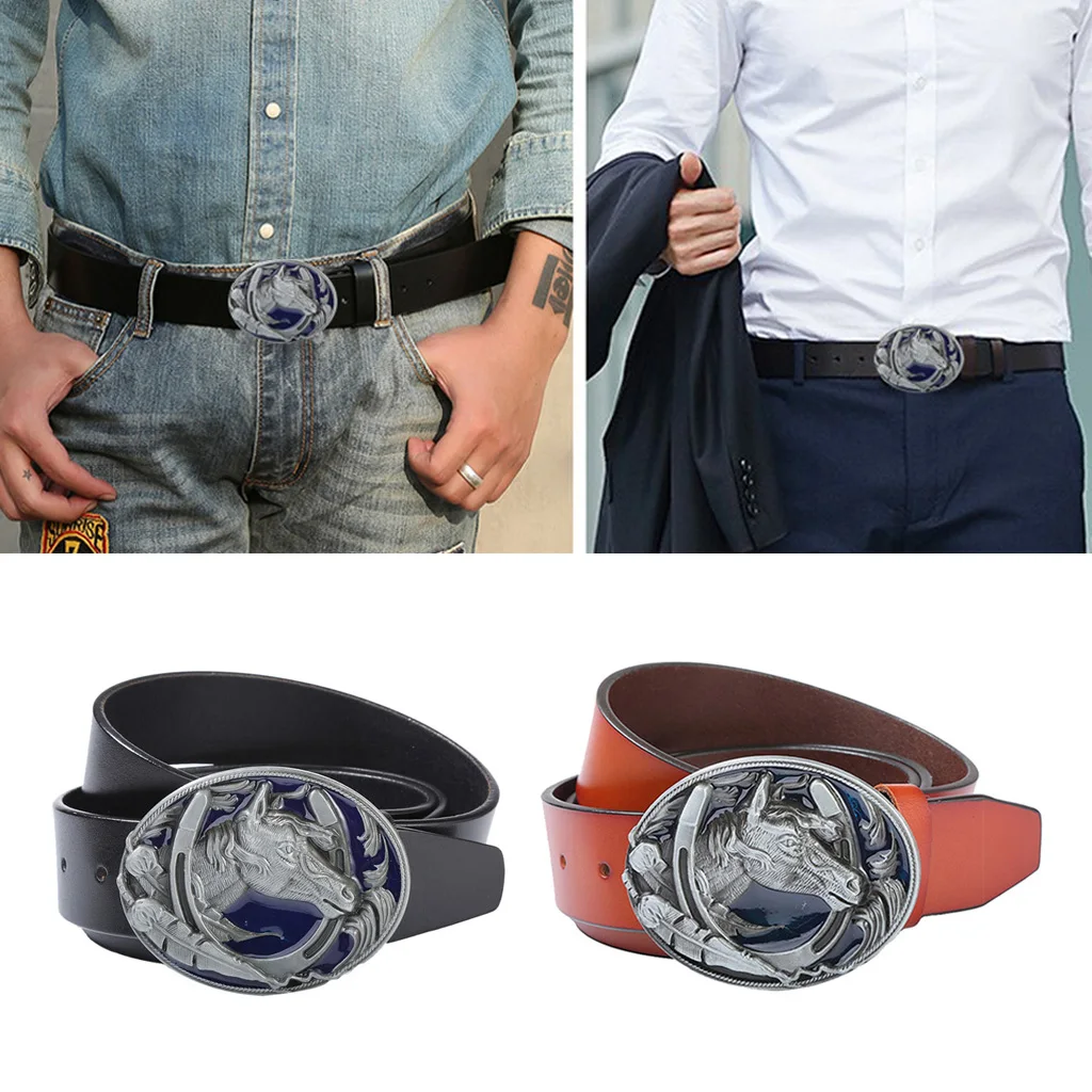 Men Western Leather Belt Rodeo Gothic Horse Head Belt Buckle Jeans Accessory