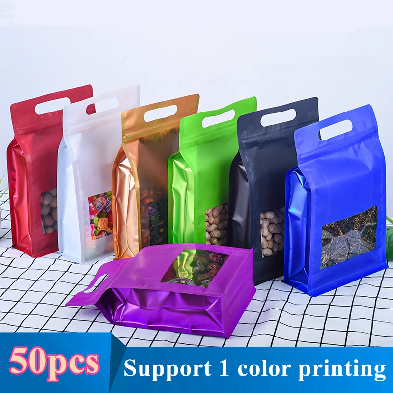 

50pcs Color Aluminum Foil Window Resealable Bag Portable Cereals Biscuit Sugar Corn Fruits NutsSnack Gifts Packaging Pouches