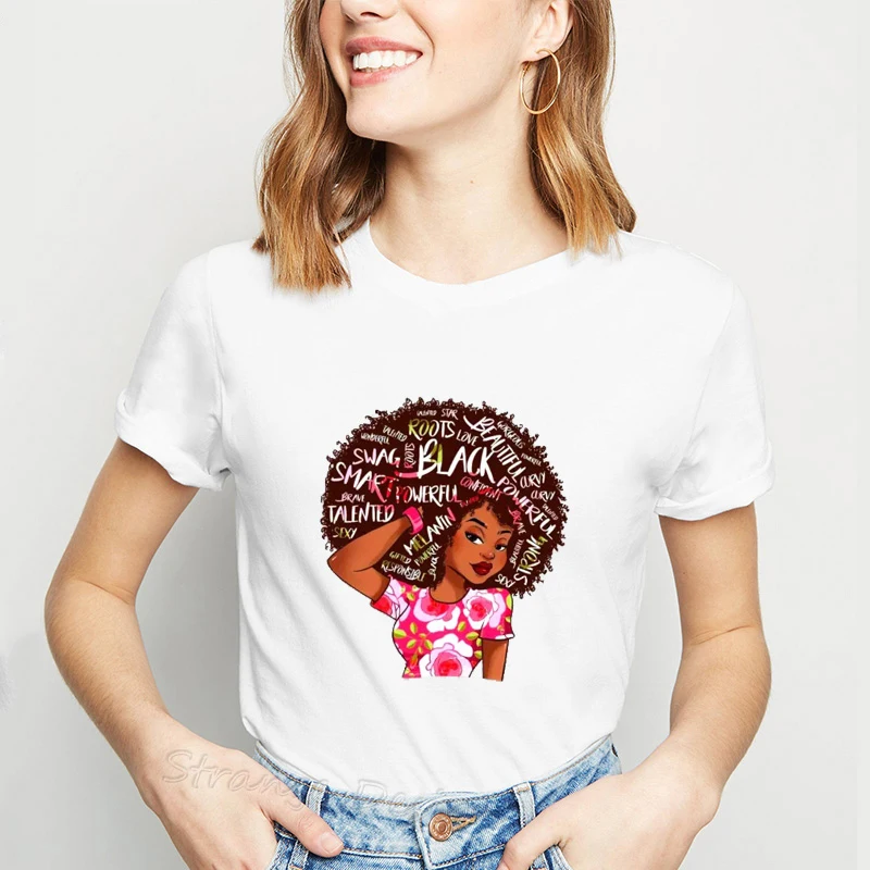 Melanin Poppin, женская футболка, черная, африканская, кудрявая, для девушек, с принтом, футболка для женщин, Harajuku, Vogue, афро история, футболка, женская