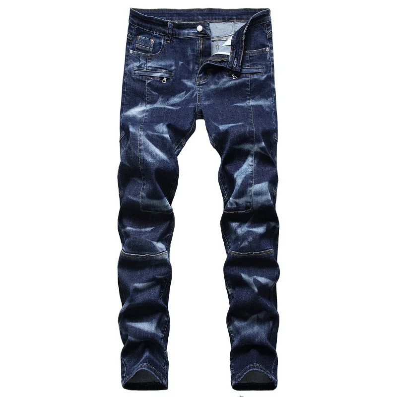 slim fit jeans Blue Stretch Denim Jeans Long Four Season Personality Zipper Decoration Jeans Trendy Men 2022 New men's Jeans slim straight jeans