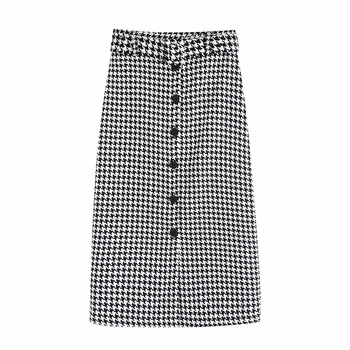 

2019 New Korean Style Summer Autumn Women Skirt Elegant Casual Straight Houndstooth With Buttons Femme Skirts Ladies