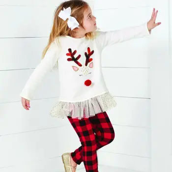 買取 子供 Gir の 2 個クリスマス服セット女の赤ちゃんのプリンセスドレスセット鹿プリントレースドレス + チェック柄ロングパンツ 1-6 T ナヴィダード