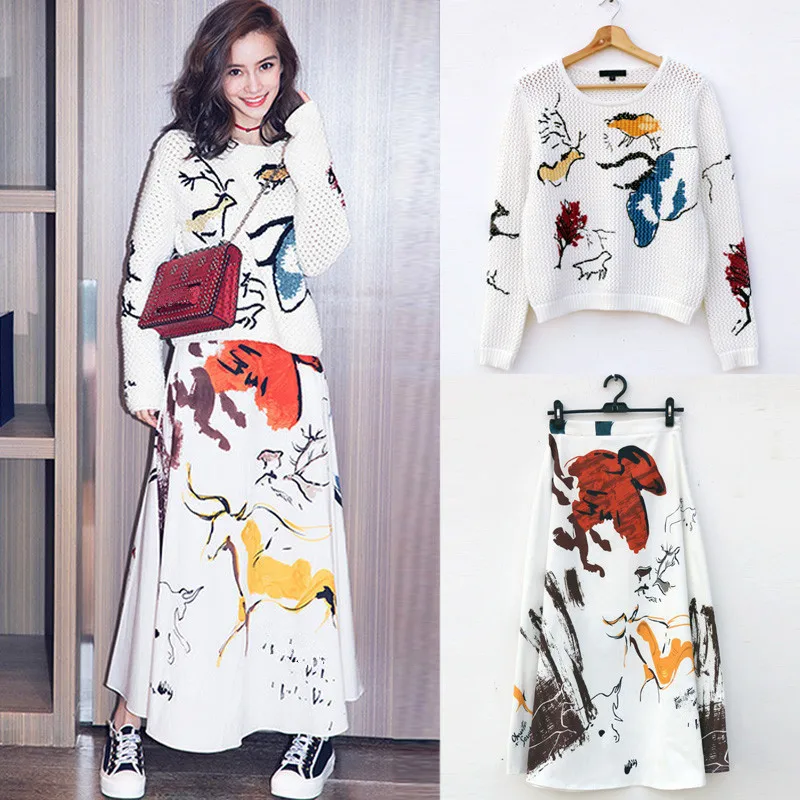

Fashion women's skirt suit hollow-out sweaters + print skirts two piece set Chic women elegant suit A891