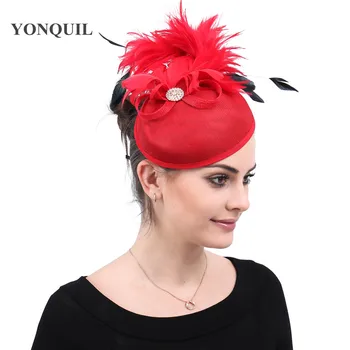 

Imitation sinamay wedding bride hat red fascinators for women elegant party dinner headpiece with hair aclip bridal headwear