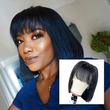 

13x4 Bob Wig with Bangs Short Lace Front Human Hair Wigs Brazilian Remy Hair 8"-14" Pre Plucked 150% Density Human Hair Wig