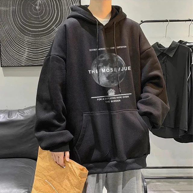 Hoodies Oversize Black Fleece Hooded Sweatshirt Streetwear Print Harajuku Gray Sweetshirt Sudadera Negra - Hoodies & Sweatshirts - AliExpress