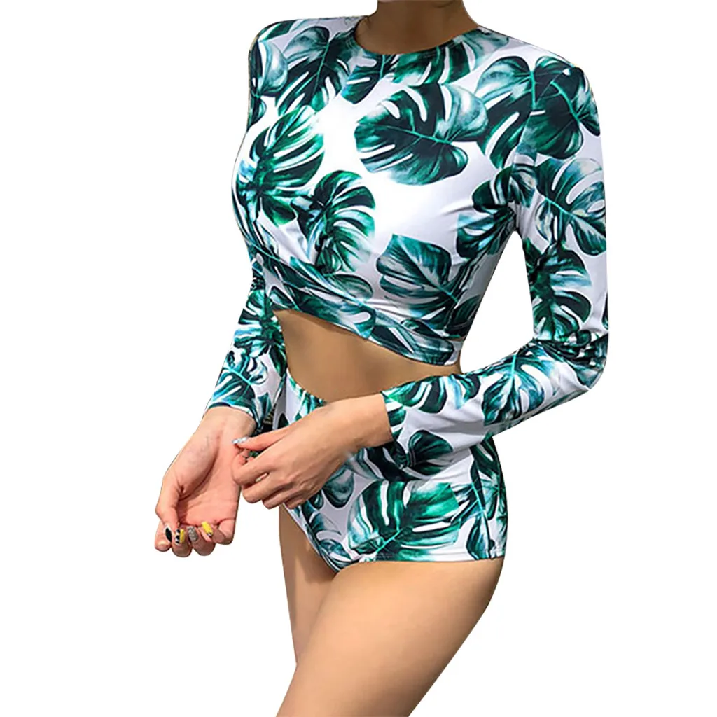 

MUQGEW Surfing Suit Swimwear Women Long Sleeve Swimsuit 2019 Summer Leaves Print Crop Top+Shorts Set Bathing rash guard women