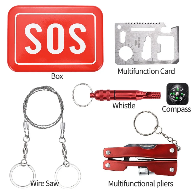 Safety Survival Escape Kit Outdoor Emergency Camping survival kit self help box SOS for Camping Hiking saw whistle compass
