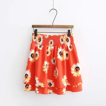 

Women Chic Sun Flower Prints Mini Skirts Faldas Mujer Elastic Waist Double Layer Female Casual Sweet A Line Skirts