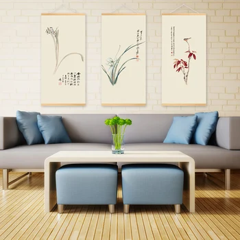 

Vintage Art Chinese Orchid Poster With Wood Frame Green Plants Canvas Painting Ready to Hang For Living Room Decor