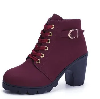 New Winter Women Platform High Heels Ankle Boots Women Boots Buckle Shoes Thick Heel Short Martin snow Boots Ladies mujer T090 - Цвет: Wine Red