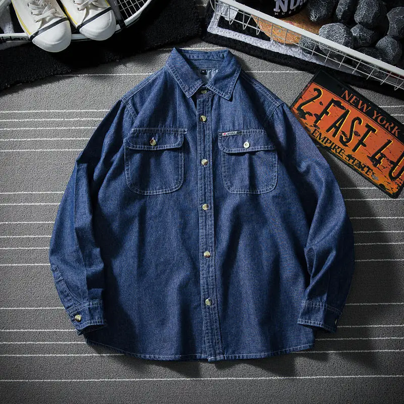 YMshirt - dark blue Осенняя и летняя Молодежная джинсовая рубашка мужская Тонкая секция с длинными рукавами свободное платье большого размера солнцезащитный комбинезон куртка - Цвет: YMshirt - dark blue