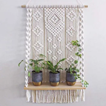 

Wall Decor Large Macrame Wall Hanging Shelf Tapestry Hand-Woven Cotton Planter Stand Floating Shelf Home Storage Organizer