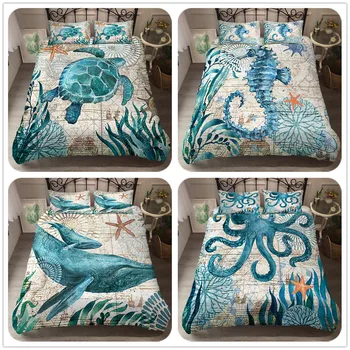 

Hot Selling Retro Sea Animals HD 3D Printing Comforter Bedding Sets King Luxury Egyptian Cotton Full Size 3 Pieces For Men Women