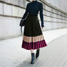 Золотая Бархатная плиссированная юбка с высокой талией, Офисная Женская юбка, синяя, красная, осенняя, зимняя, трапециевидная, модная, новинка