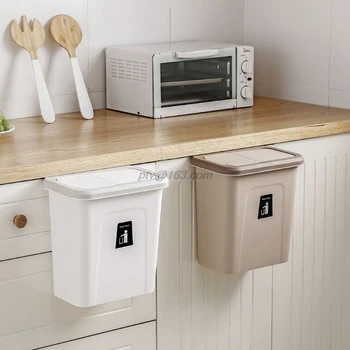 

Kitchen Push Cover Cabinet Door Hanging Trash Can with Lid Garbage Storage Bucket Waste Bin Rubbish Container