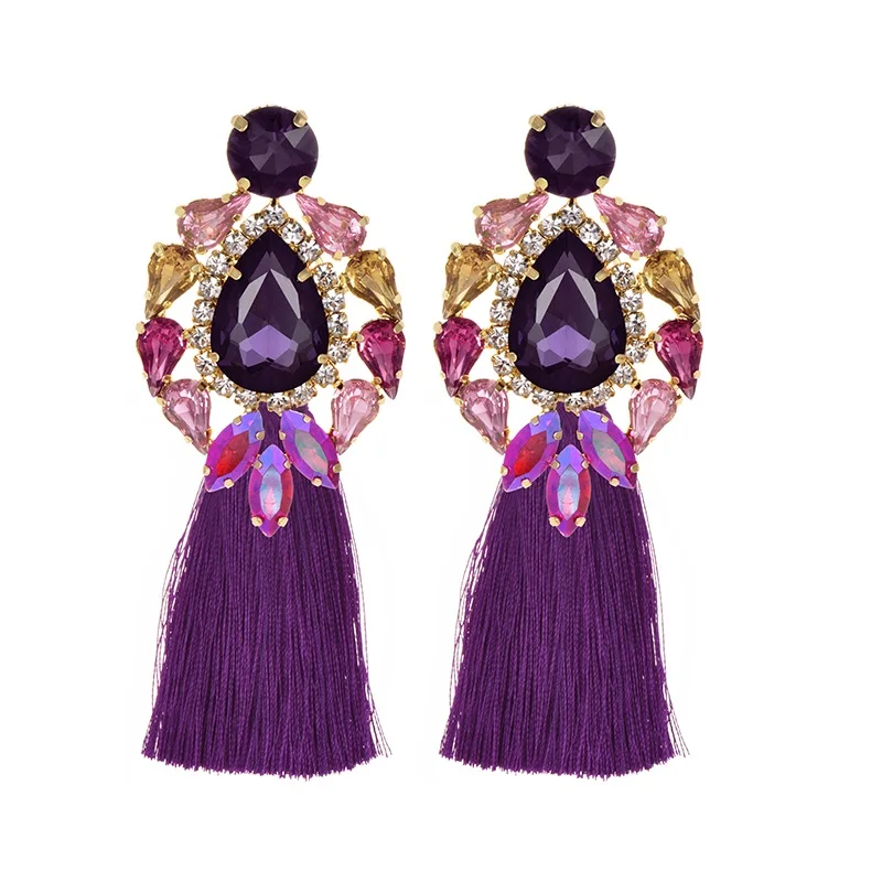 Handmade blue Big Crystal Flower Earring Vintage Ethnic Bohemian Rhinestone Long Tassel Drop Dangle Earrings for Women Jewelry - Metal Color: pink purple