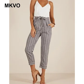 

Women's striped high waist slim high nine points small feet casual pants fashion sweet elastic waist pockets casual trousers