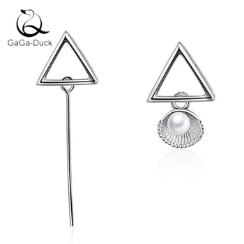 

New Fashion Jewelry Geometric 925 Sterling Silver Personality Simple Triangle Asymmetric Pearl Shell-shaped Stud Earrings E289
