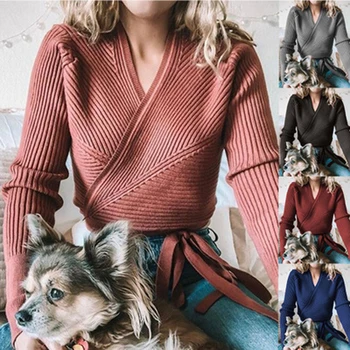 

New Fashion Knitted Sweater Women Streetwear Long Sleeve Pullovers Loose Solid Coat 2019 Autumn Winter Lace-up Women's Sweater