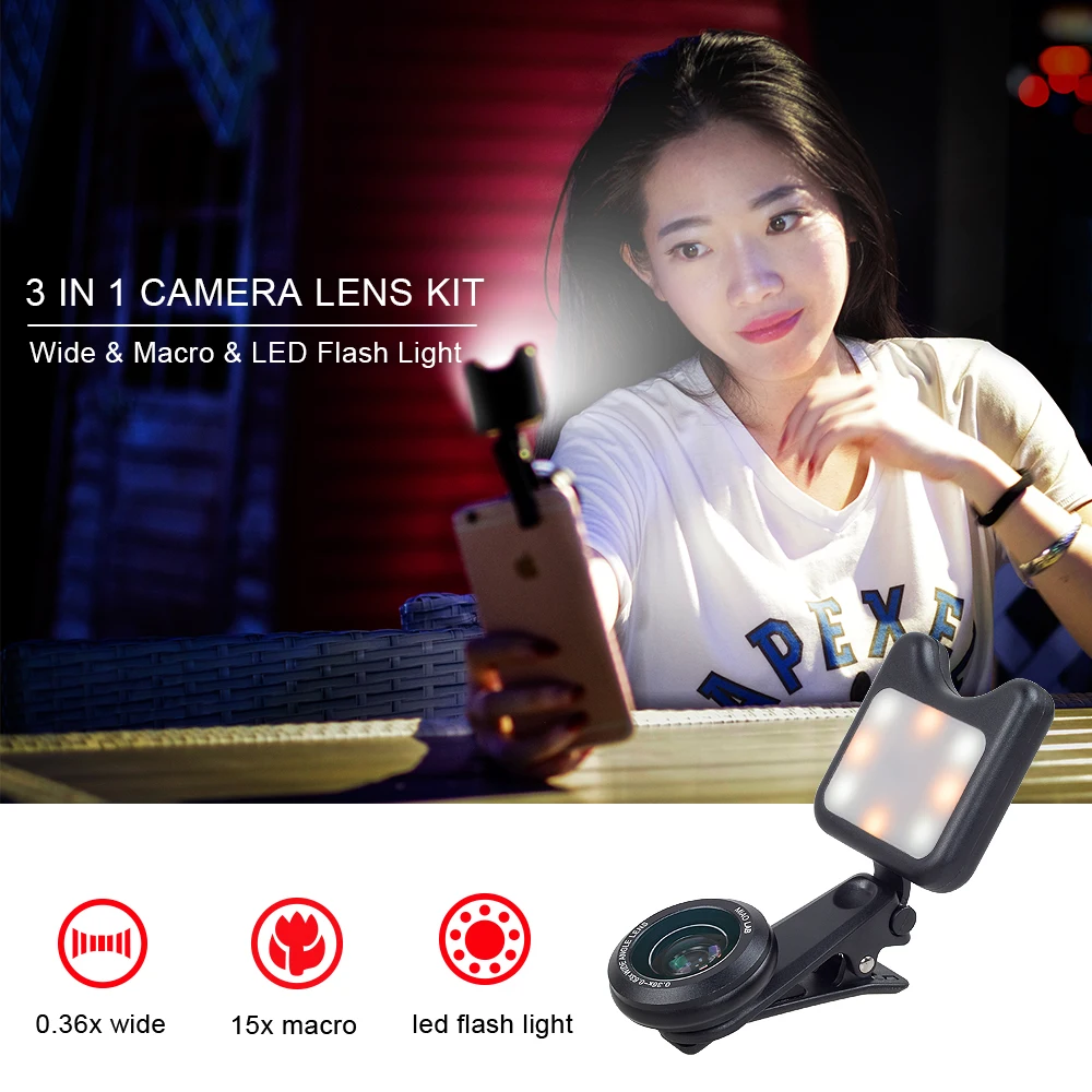 

APEXEL 3in1 Phone camera lenses Selfie Lentes wide macro lens Led Fill light Lens For iPhone 7 8 X For Samsung S7 S8 Smartphone