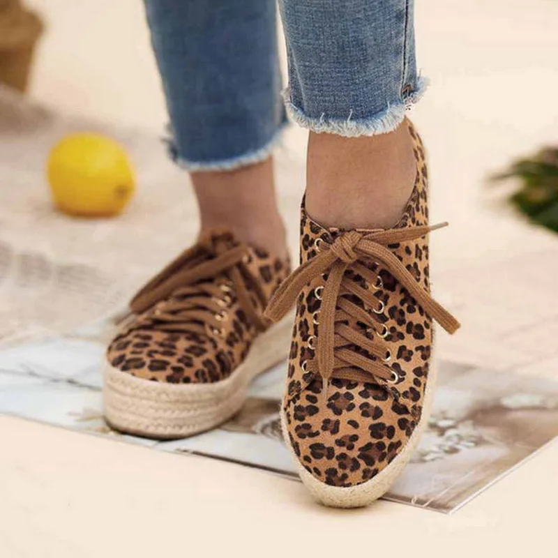 Puimentiua Fashion Women Ladies Espadrille Shoes Canvas Thick bottom Flats Shoes Girls Lace up Round Toe Casual Flats - Цвет: leopard C