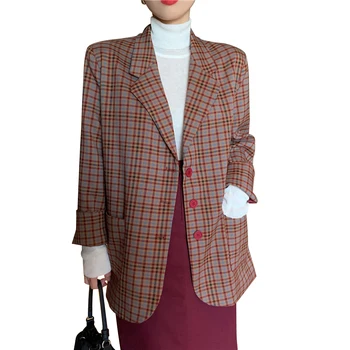 

Plaid Blazers Femme Vintage Red Jacket Long Formal Jacket Suit Coat Women Single-breasted Buttons Top Coat Office Wear Ladies