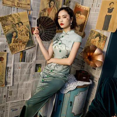 Sheng Coco китайский Cheongsam Qipao платья китайский ветер градиент длинное Ципао китайское платье Современная китайская одежда плюс размер - Цвет: Green long qipao