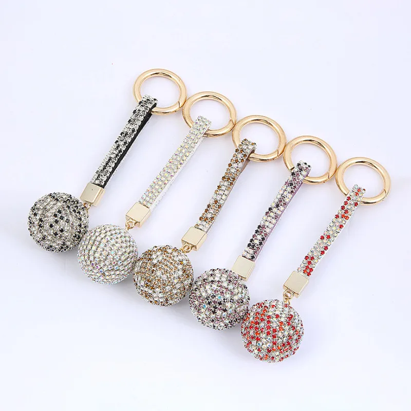 Elegant Crystal Round Ball Keychain Full Rhinestone Leather Strass Lanyard Bag Charms Pendant Car Key Ring Holder Jewelry Gift