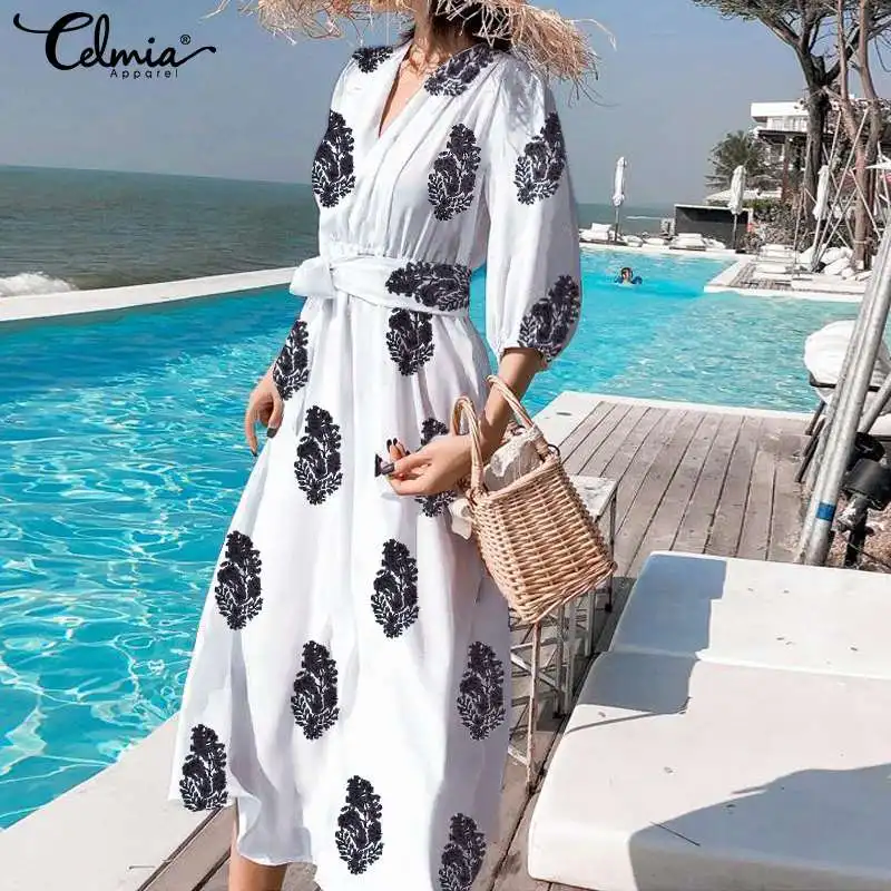 

Bohemian Printed Women's Sundress Celmia 2019 Summer Sexy V Neck Beach Dress Belted High Waist Casual Long Vestidos Plus Size