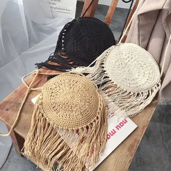 

New Fashion Round Straw Bag Women Tassel Crossbody Bag Woven Rattan Messenger Bags Handbag