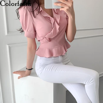 

Colorfaith New 2020 Women's Summer Blouses One Piece Shirts Casual V-Neck Ruffles Elegant Puff Sleeve Lace Up Short Tops BL8877